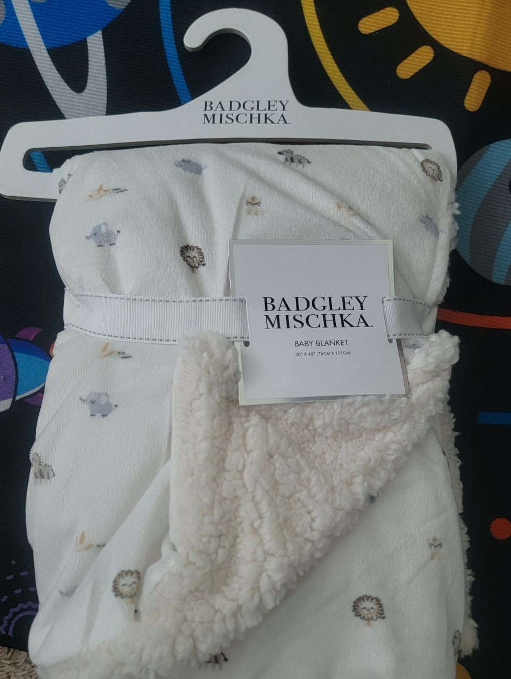Badgley Mischka White Baby Hooded Blanket with Neutral Animal Print